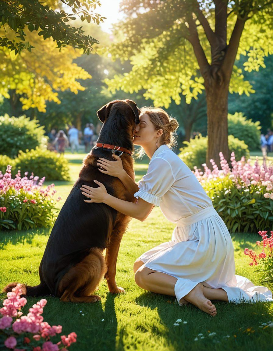 A heartwarming scene showing a person gently hugging a dog in a sunlit park, surrounded by blooming flowers and playful animals, symbolizing the deep bond between humans and pets. The background should display vibrant trees and a peaceful ambiance, conveying the essence of unconditional love and nurturing relationships. super-realistic. vibrant colors. soft focus.
