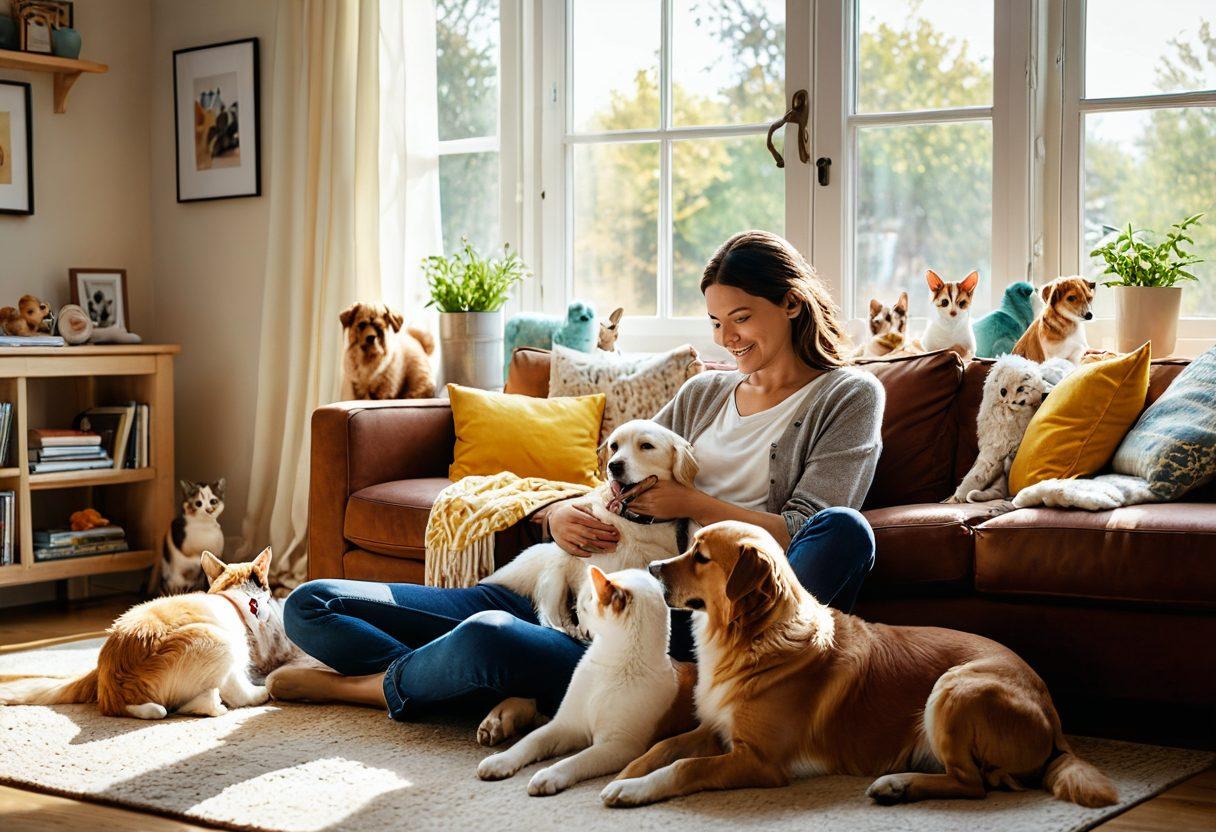 A cozy living room scene showcasing a person interacting with various pets—dogs and cats displaying different affectionate behaviors like cuddling, playing, and sitting attentively. The background features pet toys and a sunny window to signify warmth and companionship. The focus should be on the expressive faces of both the pets and the person, capturing the essence of understanding and love. warm tones, realistic details, vibrant colors, soft lighting.