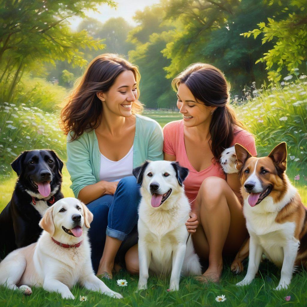 A heartwarming scene of a diverse group of people cuddling with their pets in a sunny park, showcasing different animal companions like dogs, cats, and birds. The setting is filled with blooming flowers and soft green grass, symbolizing joy and connection. Warm, natural lighting enhances the emotional bond between humans and animals. The expressions of happiness should be evident on both the humans' and animals' faces. vibrant colors. painting.